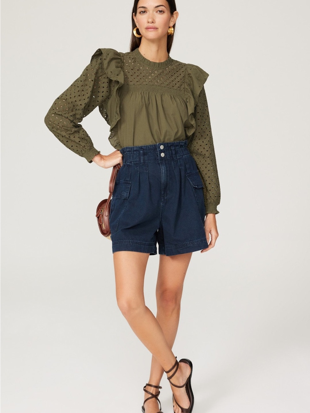 Maje Linode Cotton Eyelet Ruffle Blouse Olive Khaki Green NWT